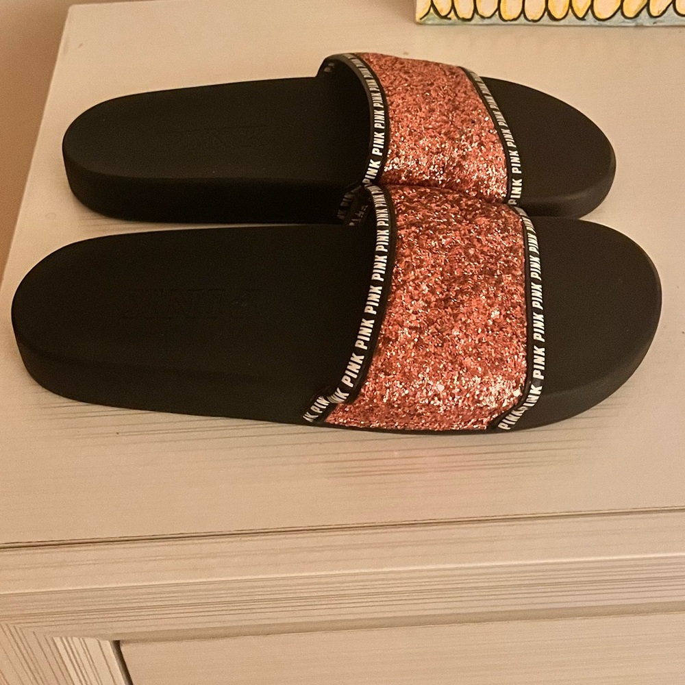 Victoria Secret | New Pink Glitter Pink Slides | Color: Black/Pink |